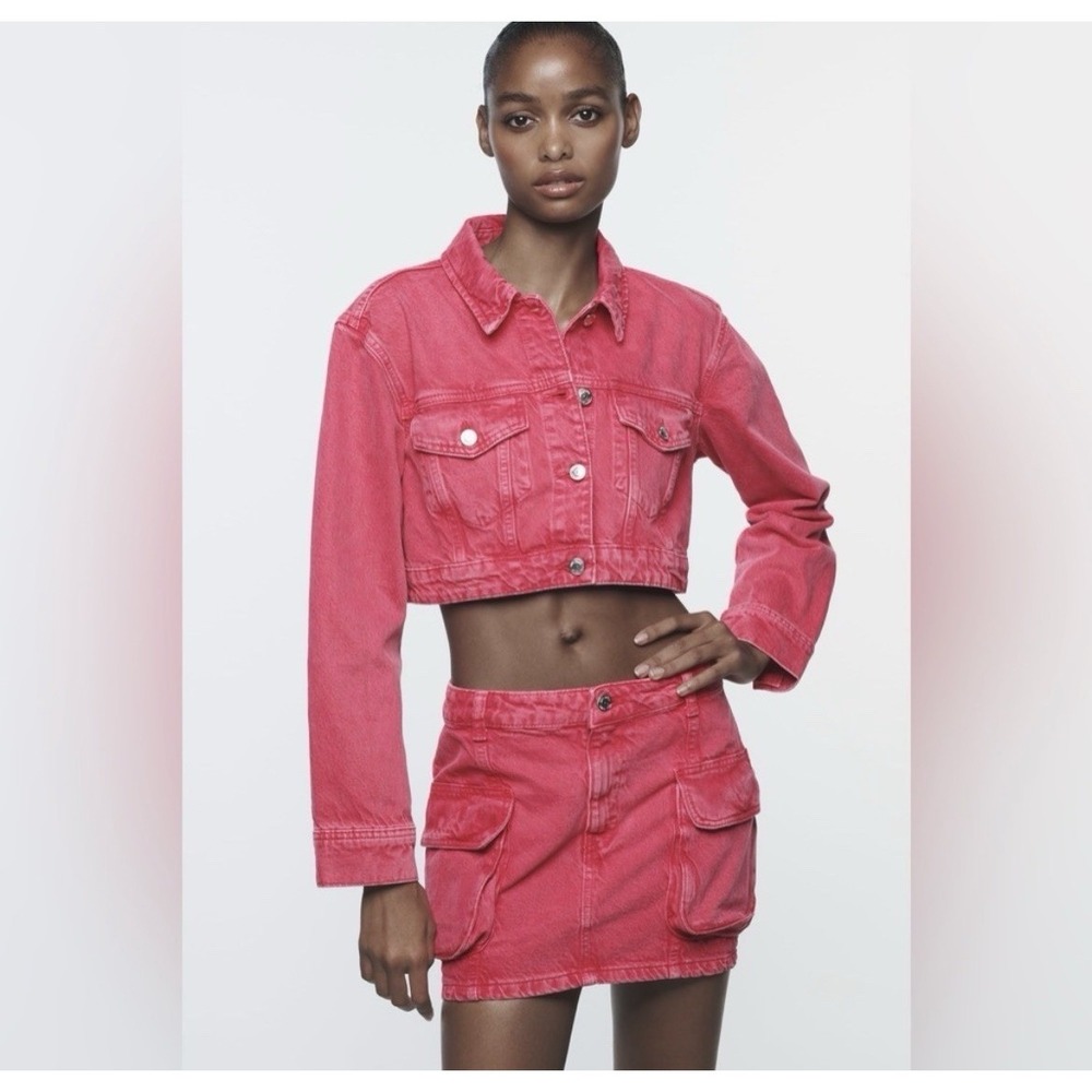 Zara Z1975 Cropped Denim Jean Jacket Barbiecore Pink Size Medium - Picture 1 of 9